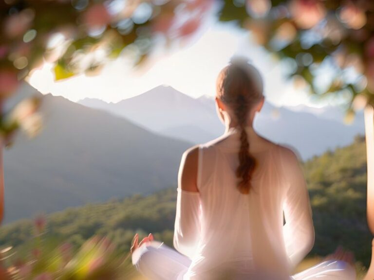 Eine meditierende Frau in der Natur von hinten. Tara Seymer bietet Meditation Paderborn an mit Kundalini Yoga.