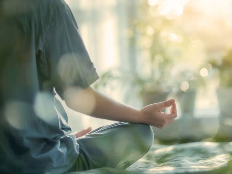 Eine Person in ruhiger Meditationshaltung mit Hand-Mudra praktiziert achtsames Yoga in Paderborn im weichen Sonnenlicht.